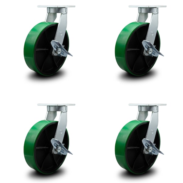 12 Inch Heavy Duty Green Poly on Cast Iron Swivel Caster Set with Brakes, 4PK